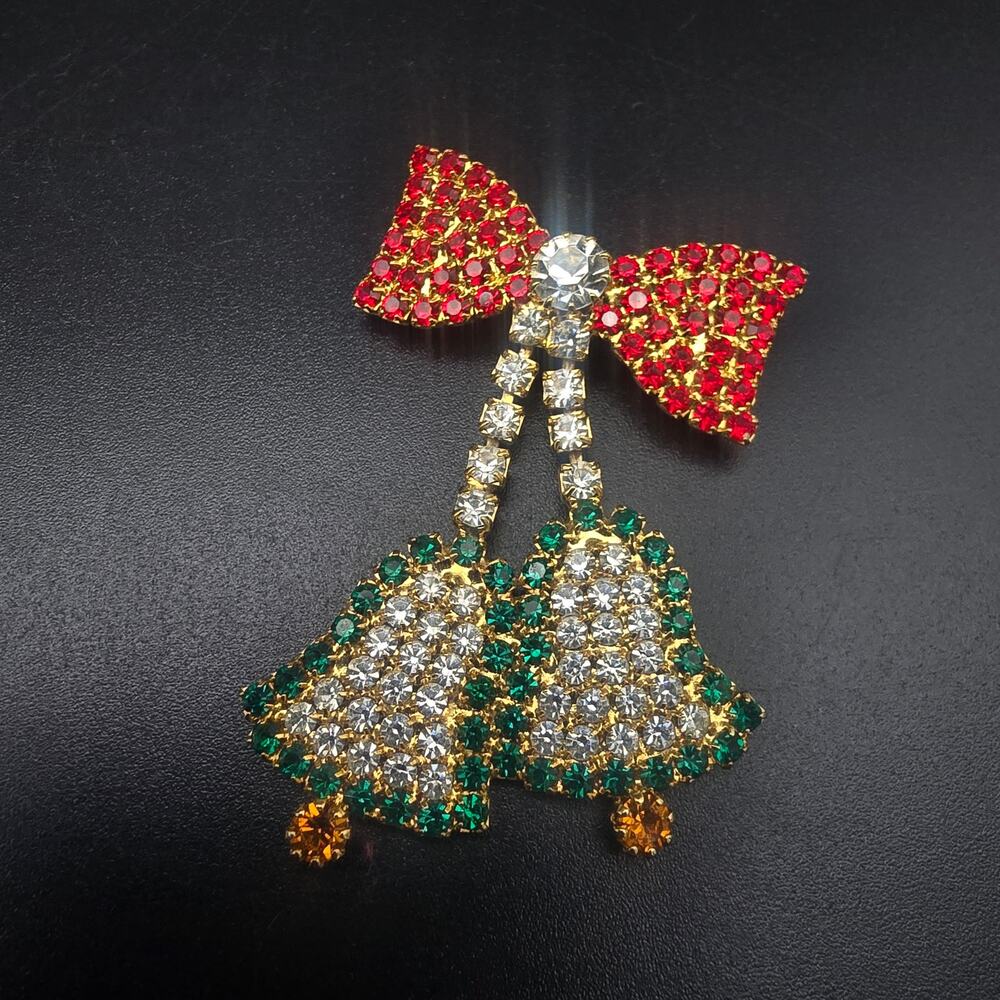 Rhinestone Christmas Bell Brooch Vintage Glam Costume Jewelry